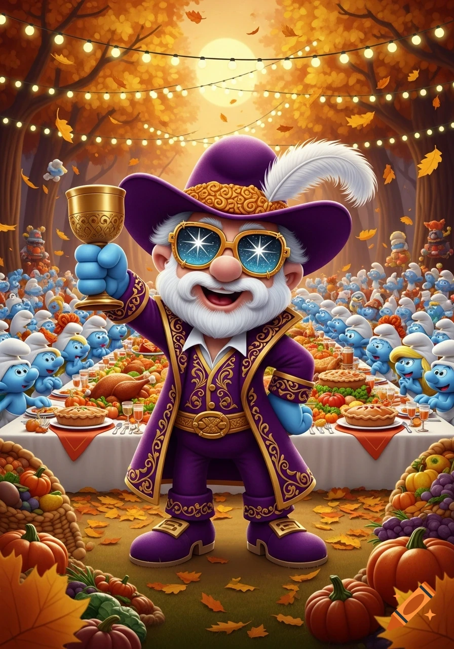 A cartoon wizard-like character resembling Papa Smurf holds a golden chalice at a vibrant Thanksgiving feast in an autumn forest.