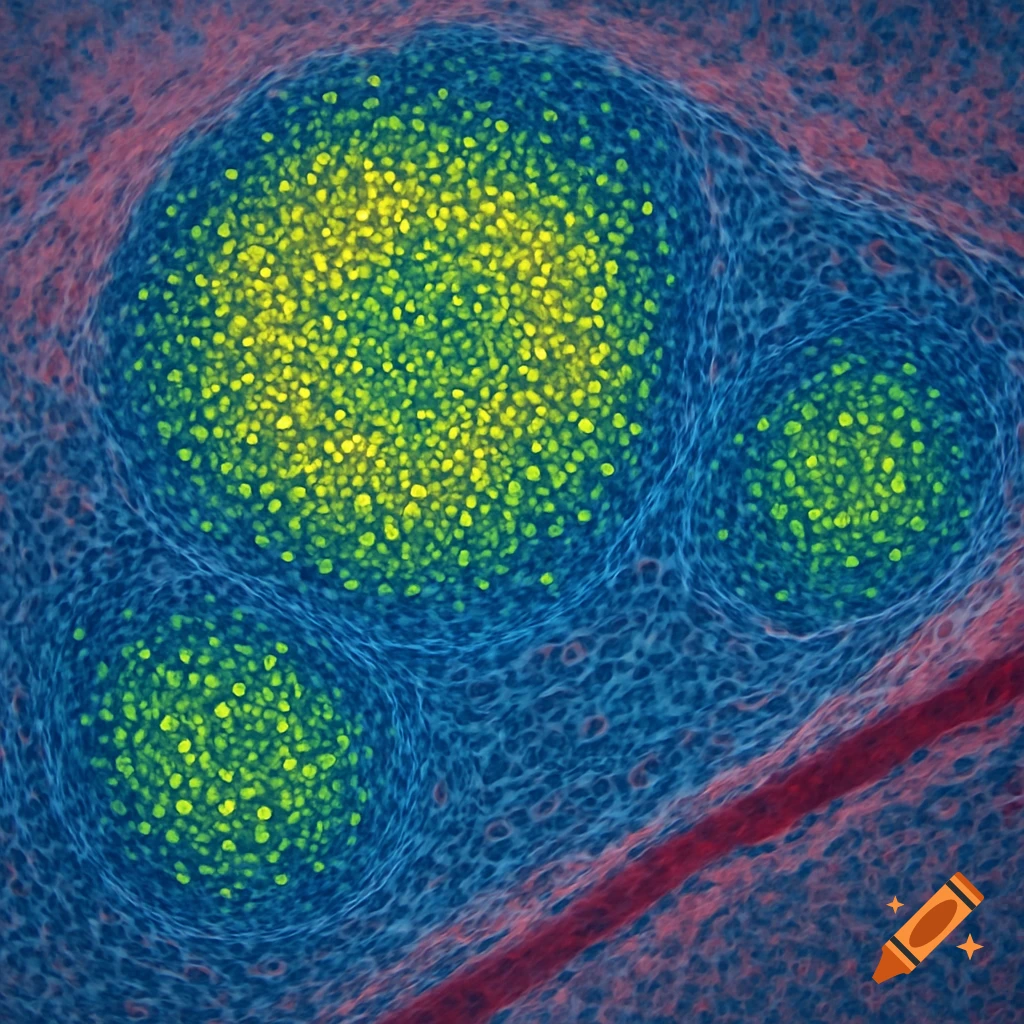 Microscopic view of three bright yellow-green cell clusters within blue and red biological tissue.