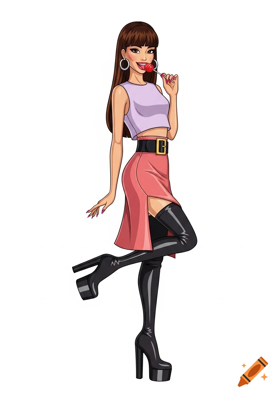 A vector art woman with long brown hair, wearing a crop top, pink skirt, and black thigh-high boots, licking a red lollipop.