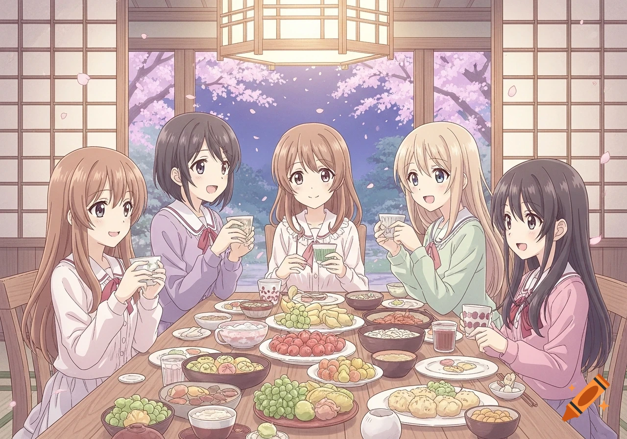 Five anime girls in school uniforms sharing a meal with many dishes and fruits at a table, with cherry blossoms outside.