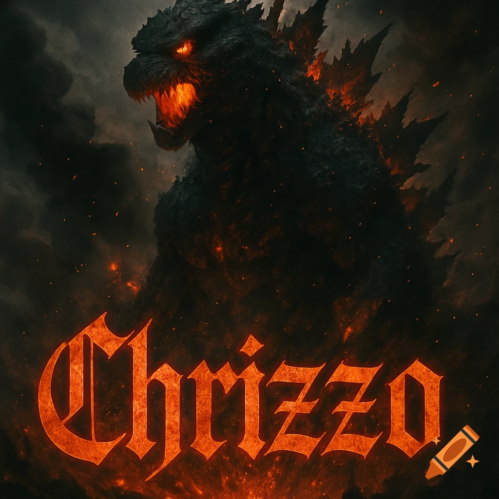 A dark, fiery kaiju with glowing eyes and an open mouth breathing fire, surrounded by smoke and embers, with the word 'Chrizzo' in a gothic, glowing orange font at the bottom.