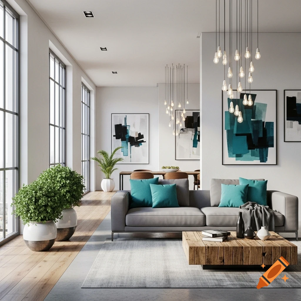 A bright, photorealistic modern living room with a gray sofa, teal pillows, wooden coffee table, large windows, and abstract art.