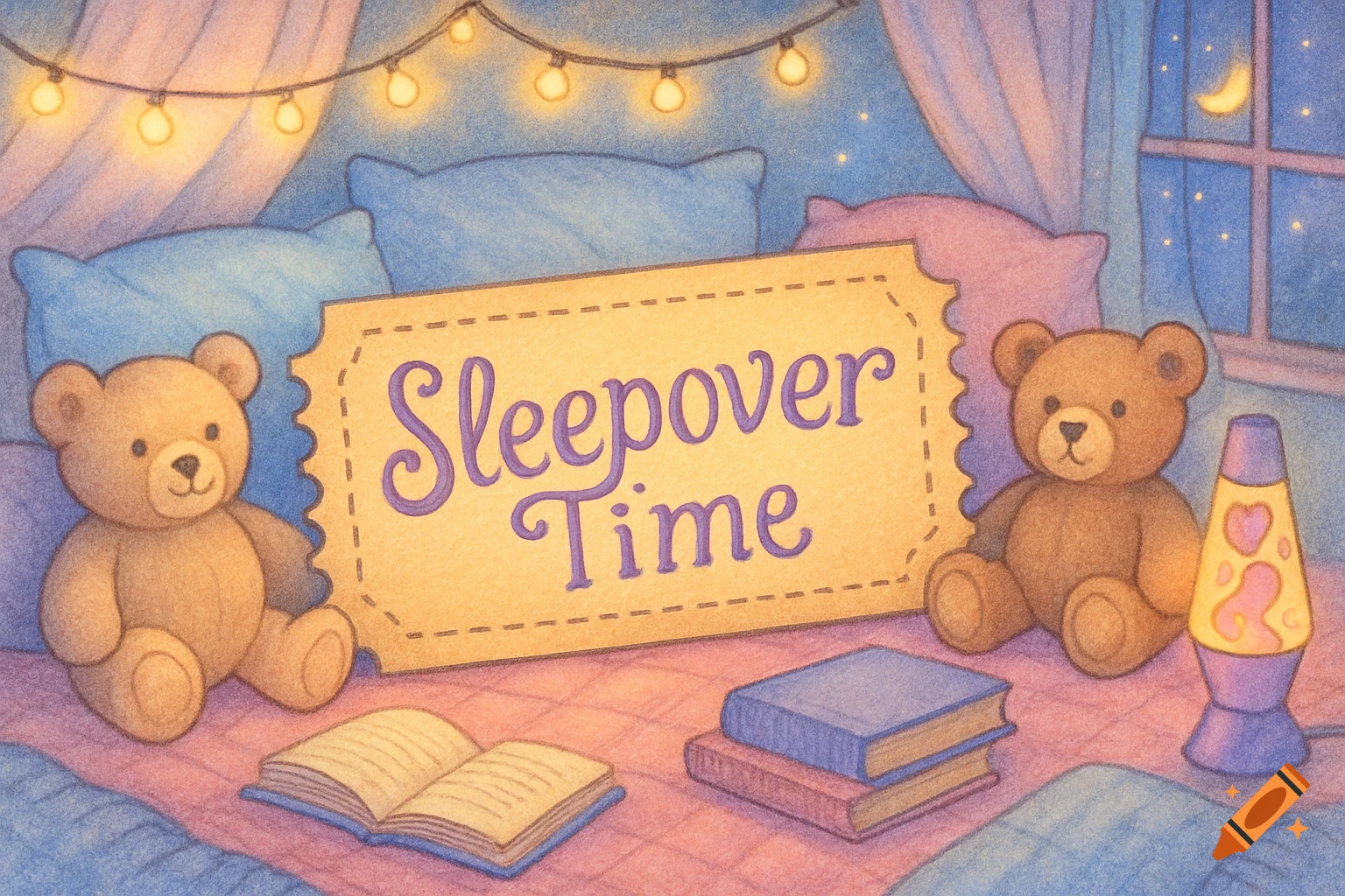 An illustration of a cozy sleepover scene with two teddy bears, books, a lava lamp, string lights, and a sign that reads 'Sleepover Time'.