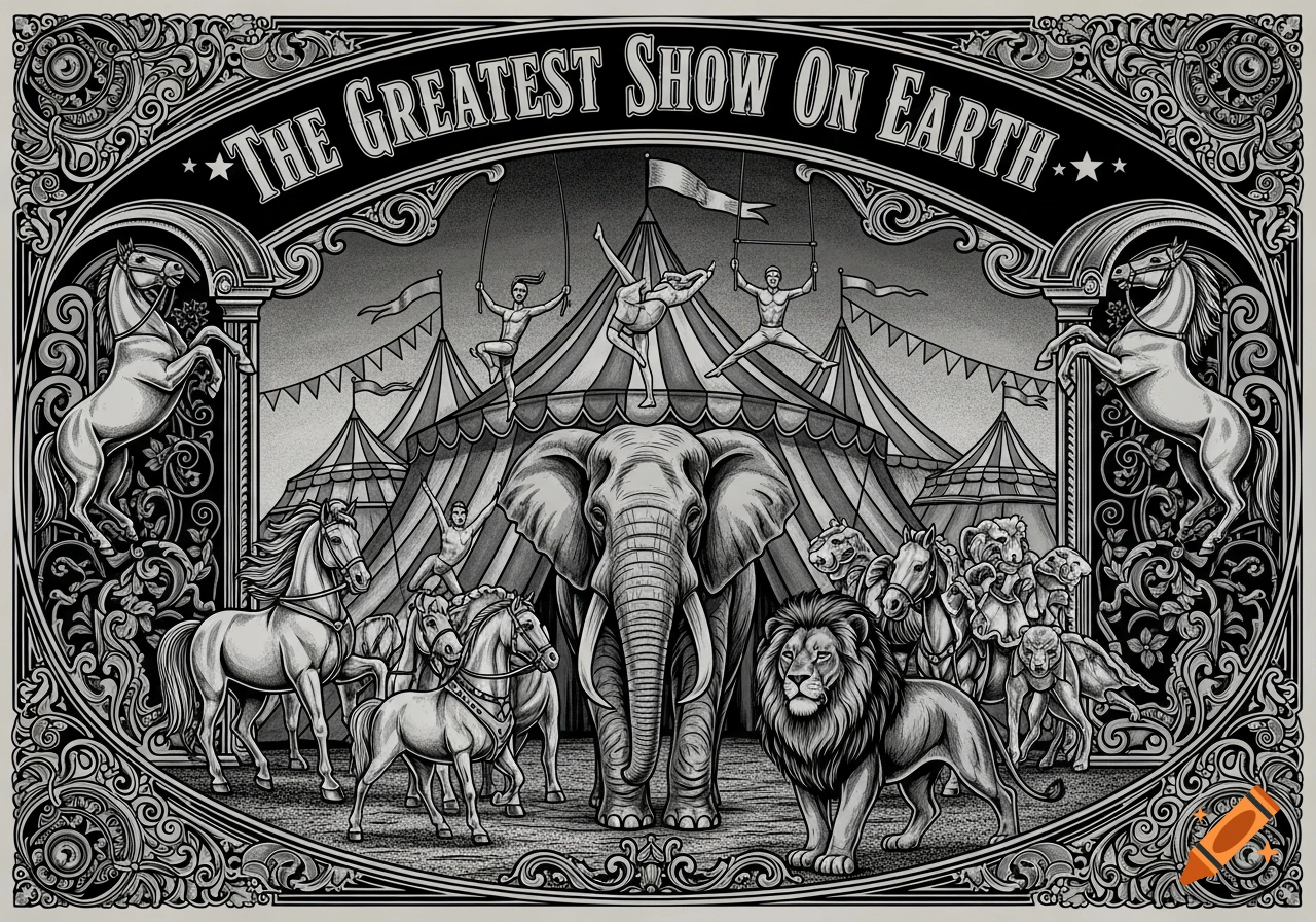 Vintage black and white circus poster featuring an elephant, lions, horses, acrobats, and big top tents, framed by ornate scrollwork.