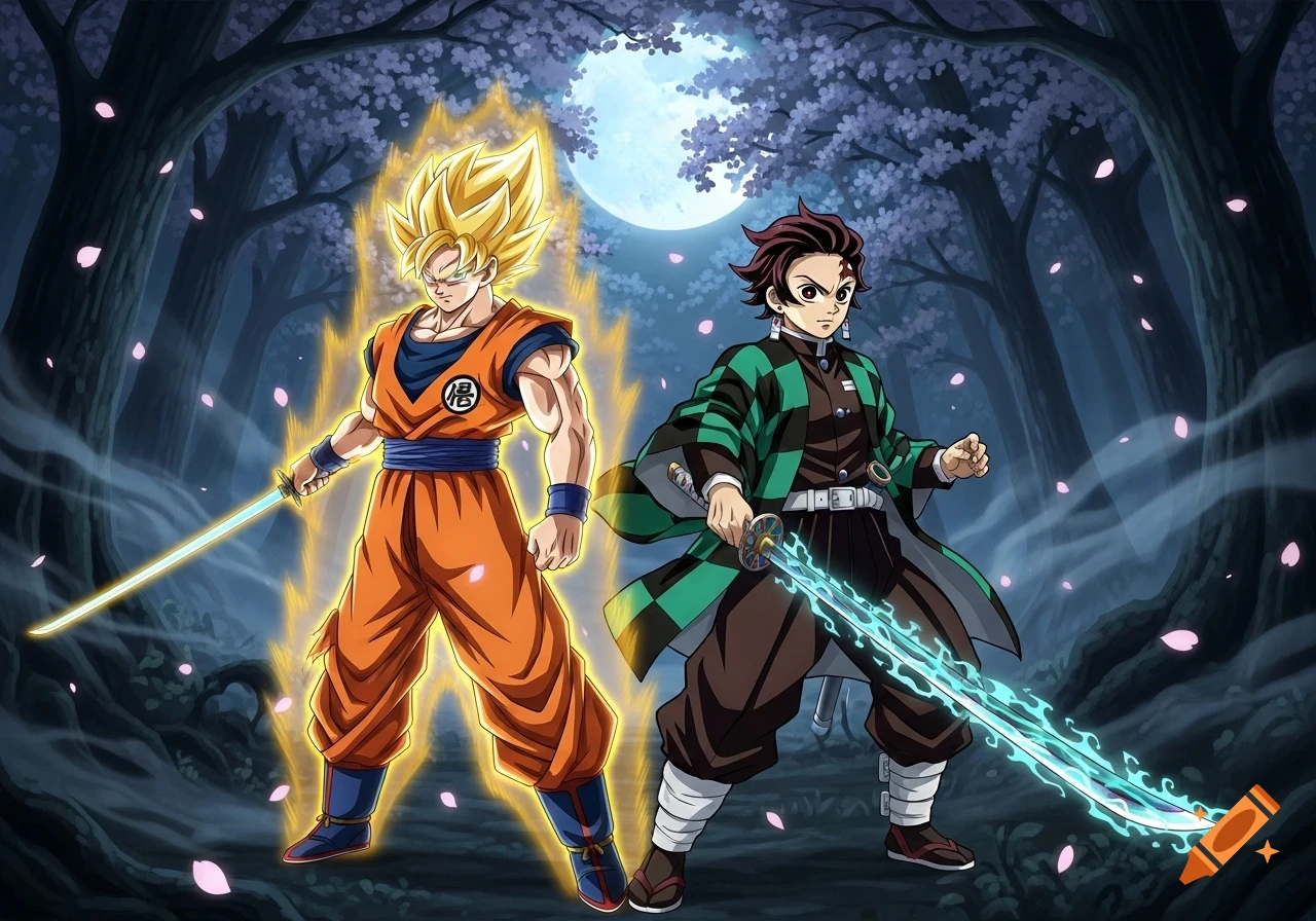 Goku in Super Saiyan form with a glowing sword and Tanjiro in Demon Slayer uniform with a glowing blue sword stand in a cherry blossom forest at night.
