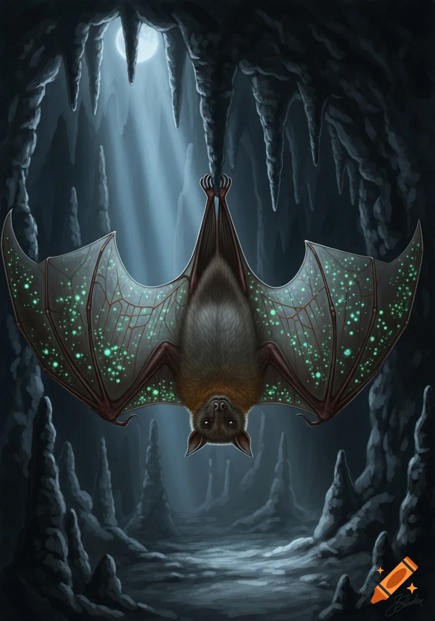 A detailed illustration of a bat with glowing green spots on its wings, hanging upside down in a moonlit cave.