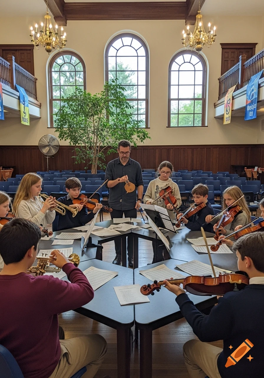 An adult instructor teaches a group of children playing violins and trumpets in a large hall.