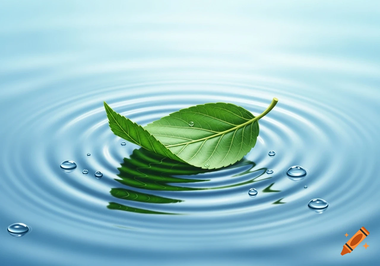 A vibrant green leaf floats gracefully on a calm blue water surface, creating gentle ripples and reflecting light on surrounding water droplets.
