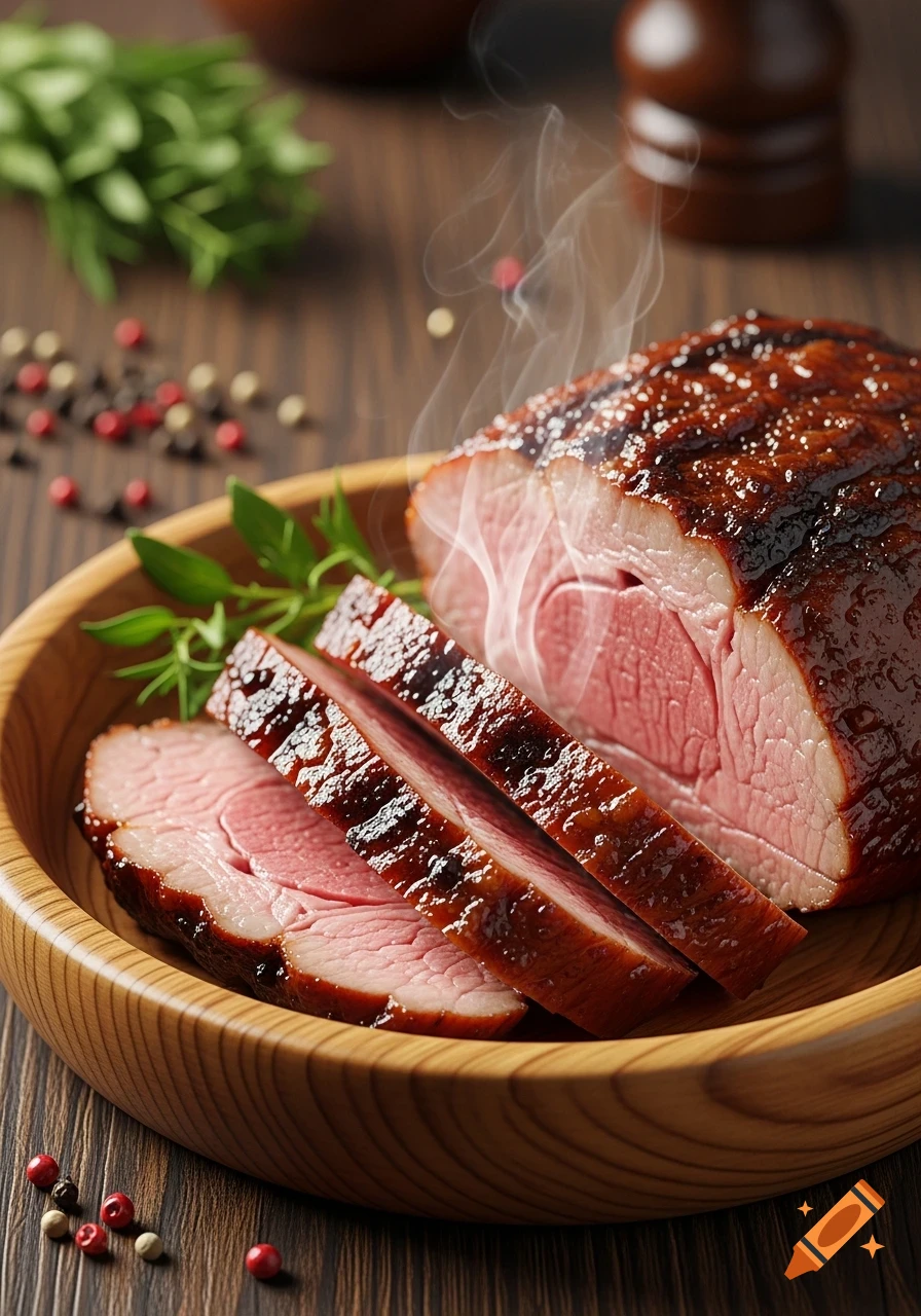 Close-up of a steaming, glistening roasted meat, partially sliced, showing pink interior, served in a wooden bowl with peppercorns and herbs.