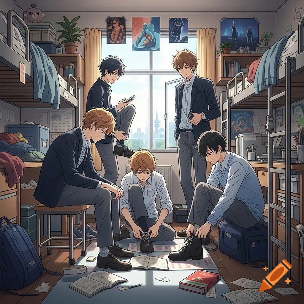 Five anime-style young men in school uniforms interact in a detailed dorm room with bunk beds, books, and a city view outside the window.