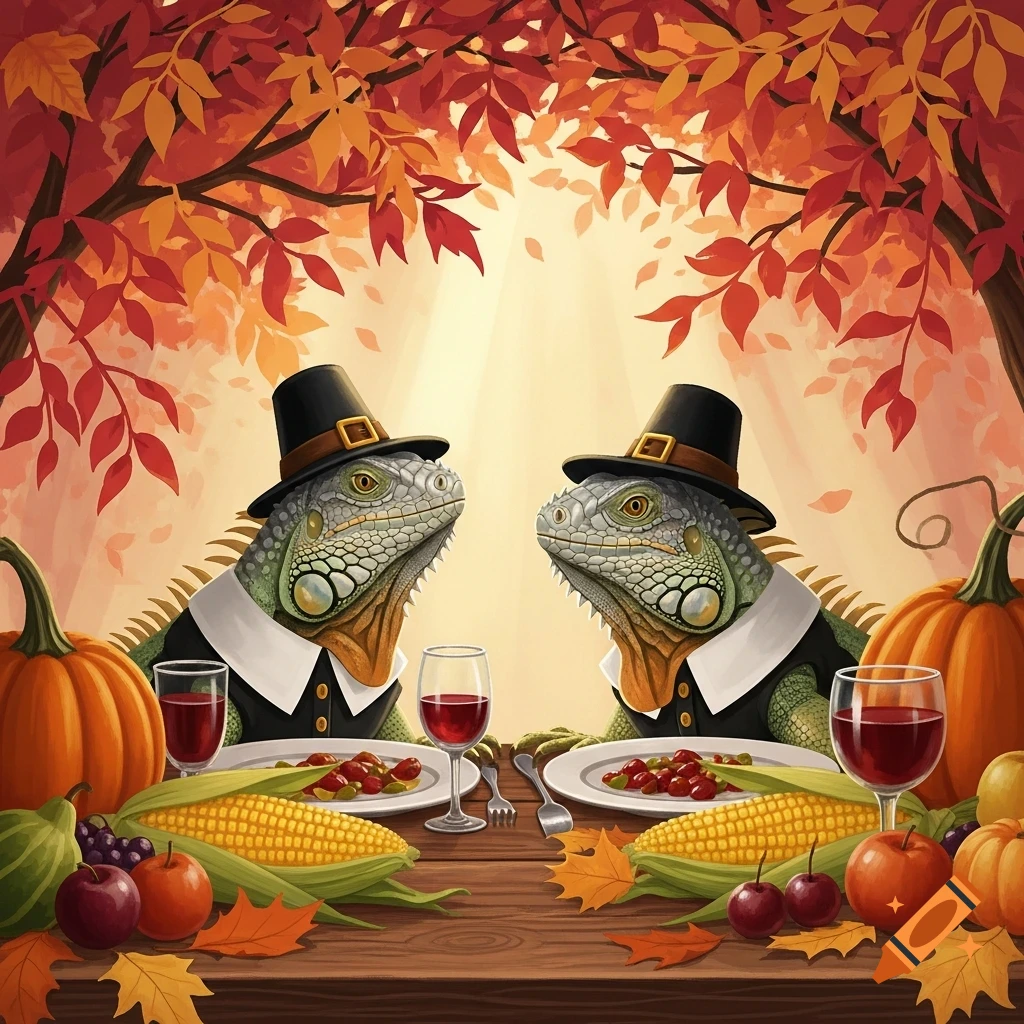 Two iguanas dressed as pilgrims sit at a Thanksgiving table laden with food, under autumn leaves.