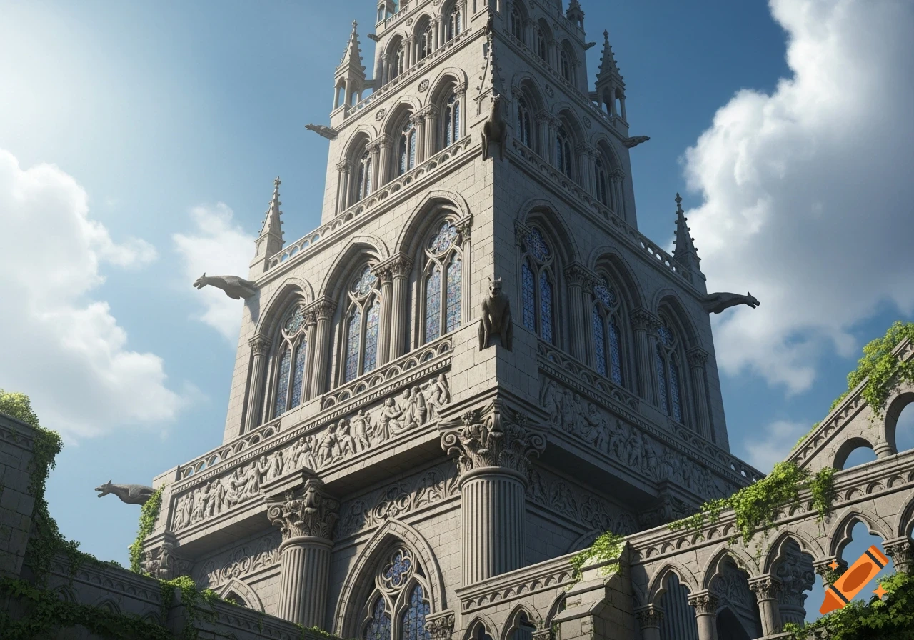 A majestic ancient tower combining gothic and Greco-Roman architecture with intricate carvings, stained glass, gargoyles, and ivy, under a bright blue sky.