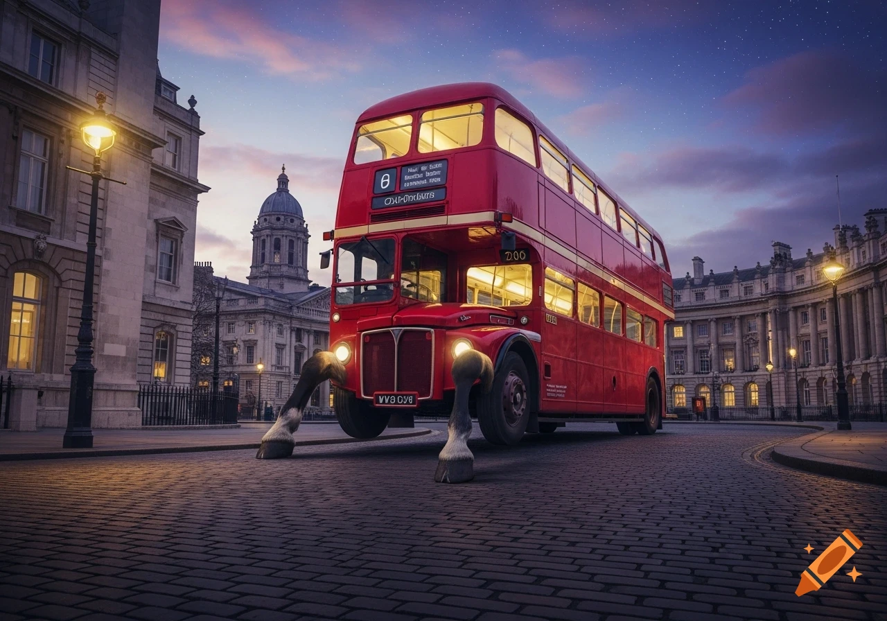 A red double-decker London bus with horse legs instead of wheels, parked on a cobblestone street at dusk with city buildings in the background. The sky is a blend of blue and pink.