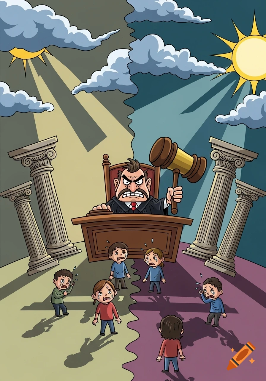 A cartoon illustration of a stern judge with a gavel overlooking crying children in a courtroom scene with dramatic split lighting.