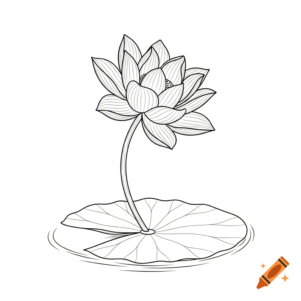 Black and white line drawing of a lotus flower on a stem, with a large lily pad floating on water.