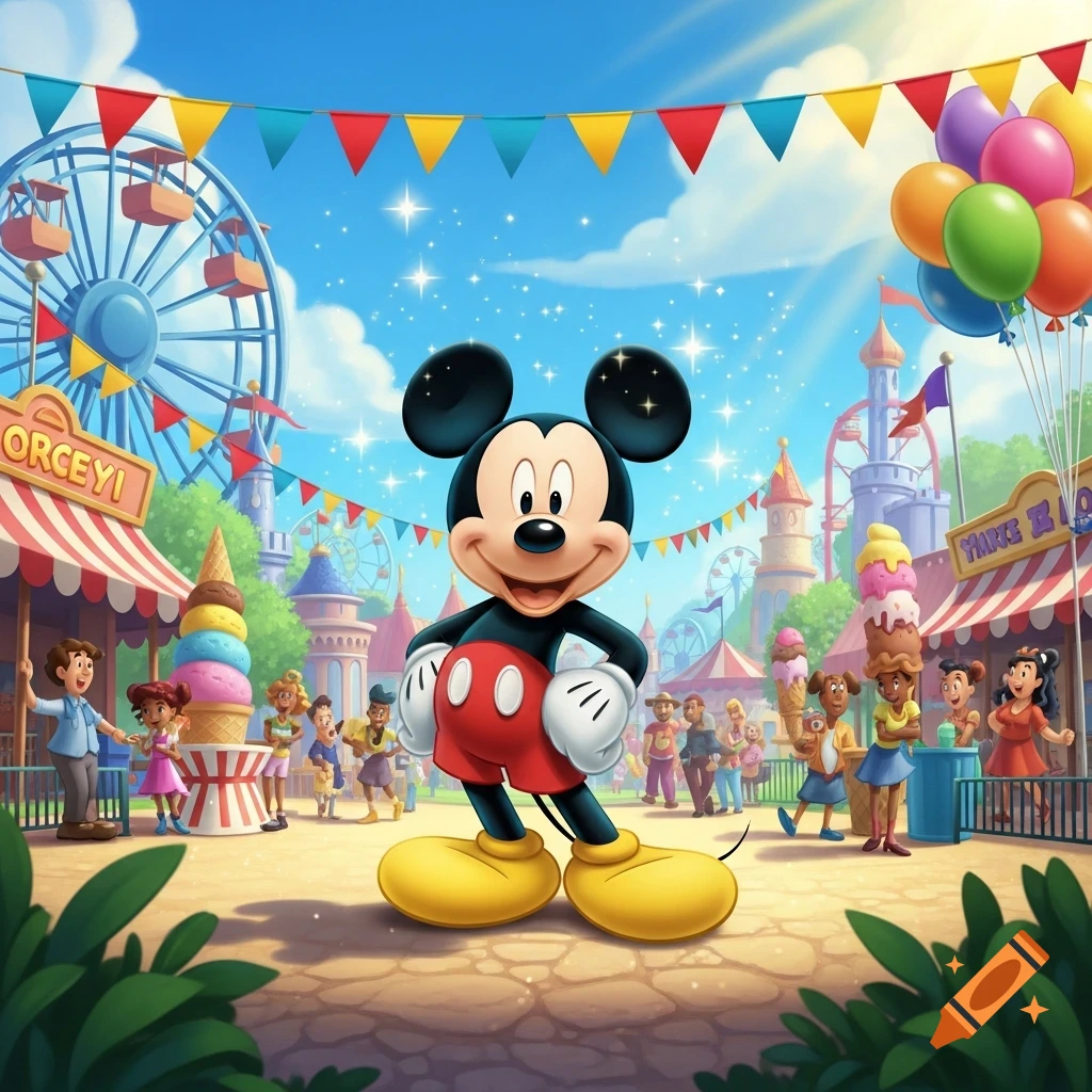 Mickey Mouse stands smiling in a vibrant cartoon amusement park with Ferris wheels, stalls, and people.