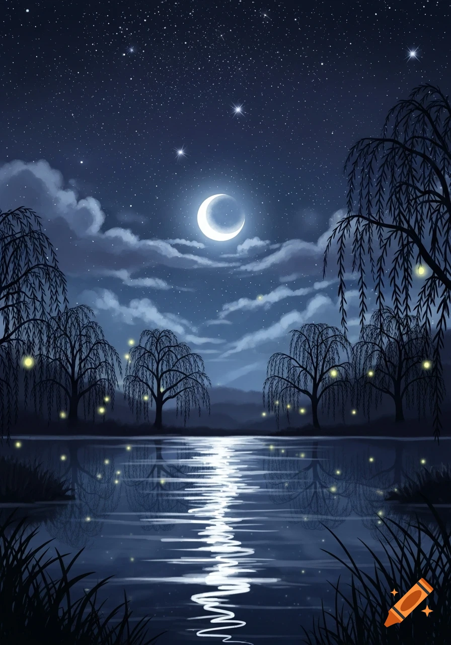 Stylized night landscape with a crescent moon reflecting on a lake surrounded by weeping willows and fireflies under a starry sky.