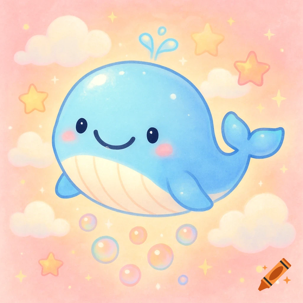 A cute blue cartoon whale smiles, spouting water, surrounded by stars, clouds, and bubbles in a pastel sky.