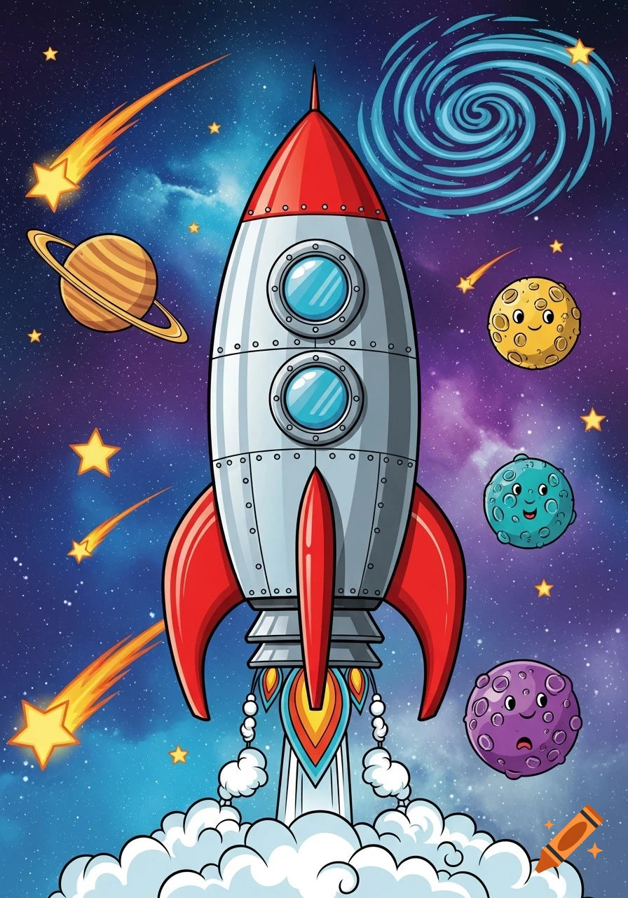 Cartoon illustration of a red and silver rocket launching amidst colorful planets with faces, shooting stars, and a blue galaxy in space.
