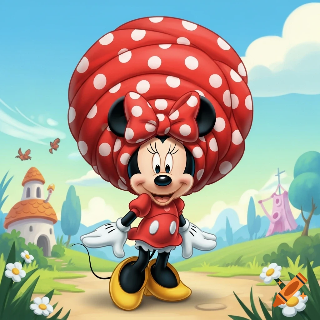 Minnie Mouse in a red polka-dot dress and oversized red polka-dot turban, in a cheerful cartoon landscape.