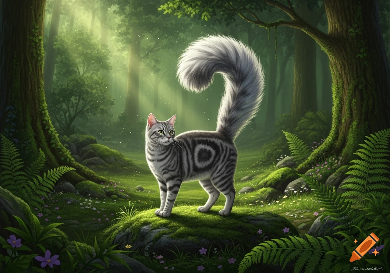 A silver tabby cat with a fluffy tail stands on a mossy rock in a lush ...