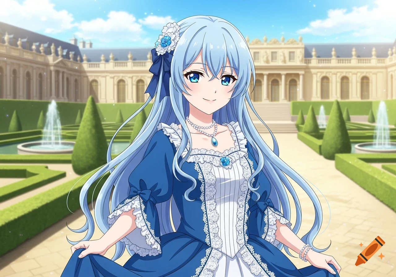 Anime girl with light blue hair and deep blue eyes in a 19th-century blue noble dress, smiling in front of a palace and gardens.