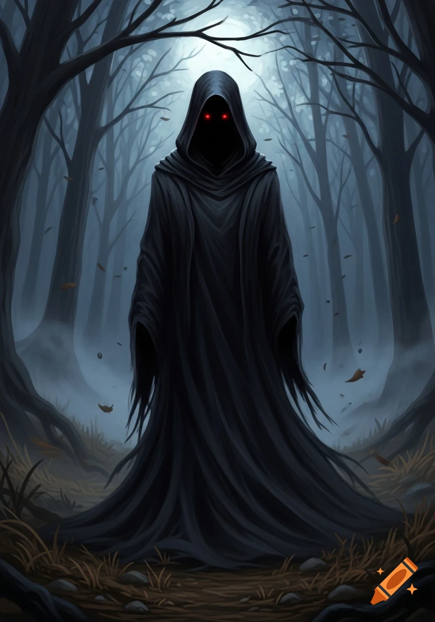 A dark hooded figure with glowing red eyes stands in a misty, eerie ...