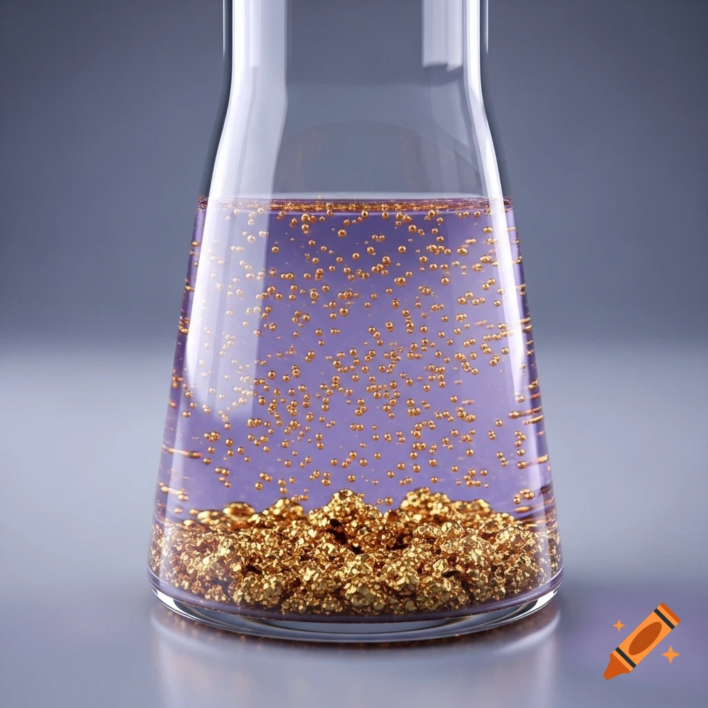 A clear conical flask holds a light purple liquid with tiny gold spherical particles suspended and larger gold nuggets at the bottom.