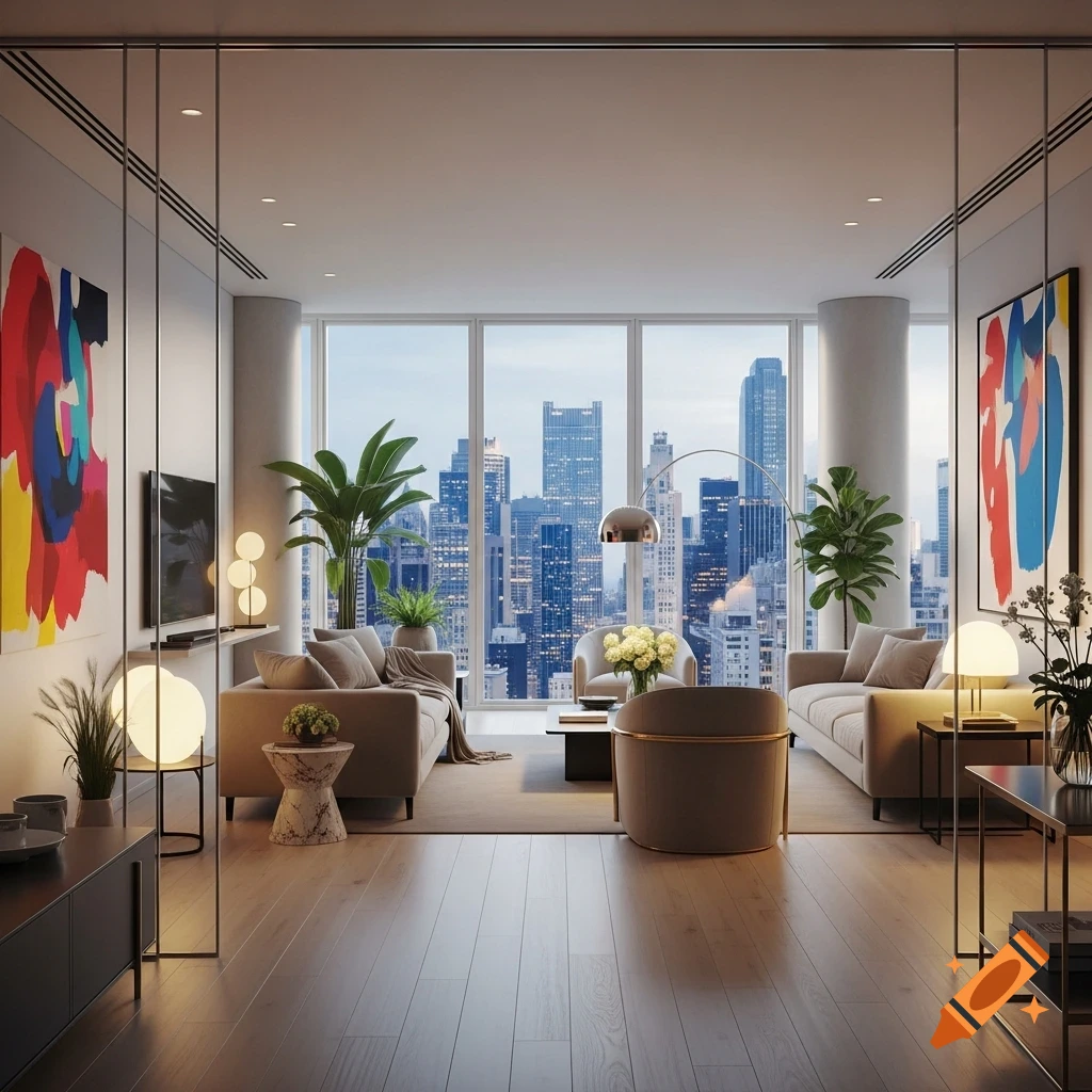 Photorealistic image of a modern, luxury apartment living room with floor-to-ceiling windows overlooking a vibrant city skyline.