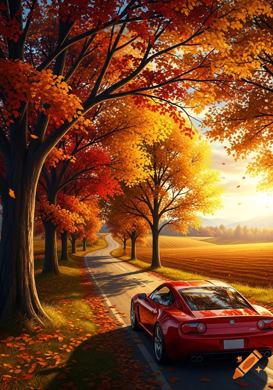 A red sports car on a winding road lined with vibrant autumn trees and golden fields under a bright sky.