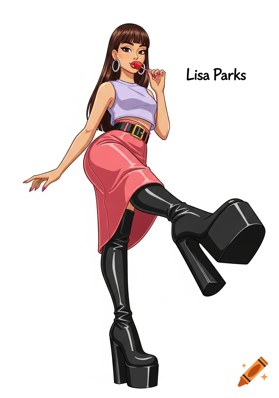 Vector illustration of a woman named Lisa Parks in a crop top, skirt, and platform boots, licking a red lollipop on a white background.