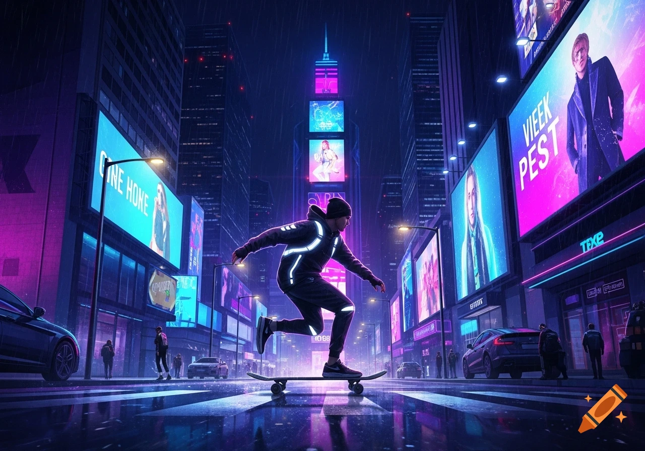 A skateboarder in a reflective tracksuit glides down a wet, neon-lit cyberpunk city street at night, surrounded by glowing billboards and tall buildings.