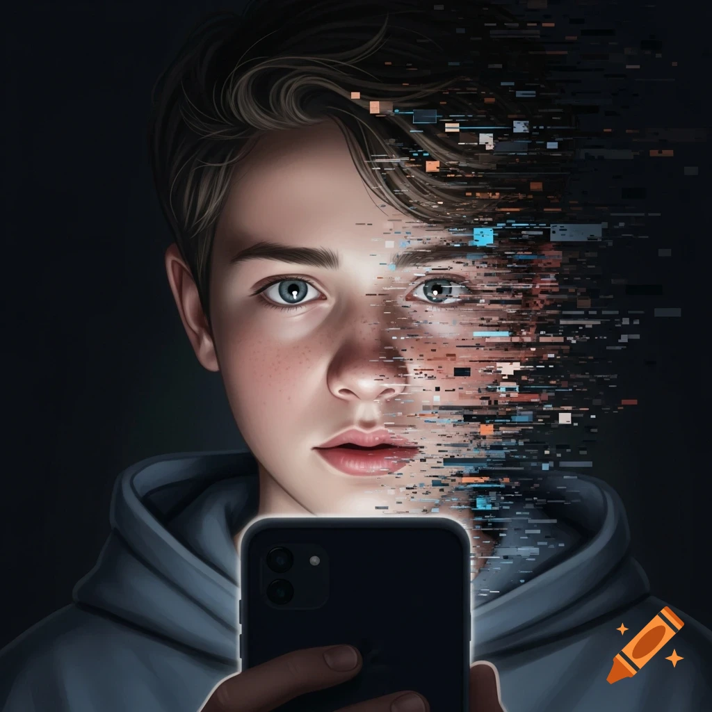 Hyper-realistic artistic portrait of a teenager with half face realistic and half digitally distorted into pixels, illuminated by blue smartphone light.