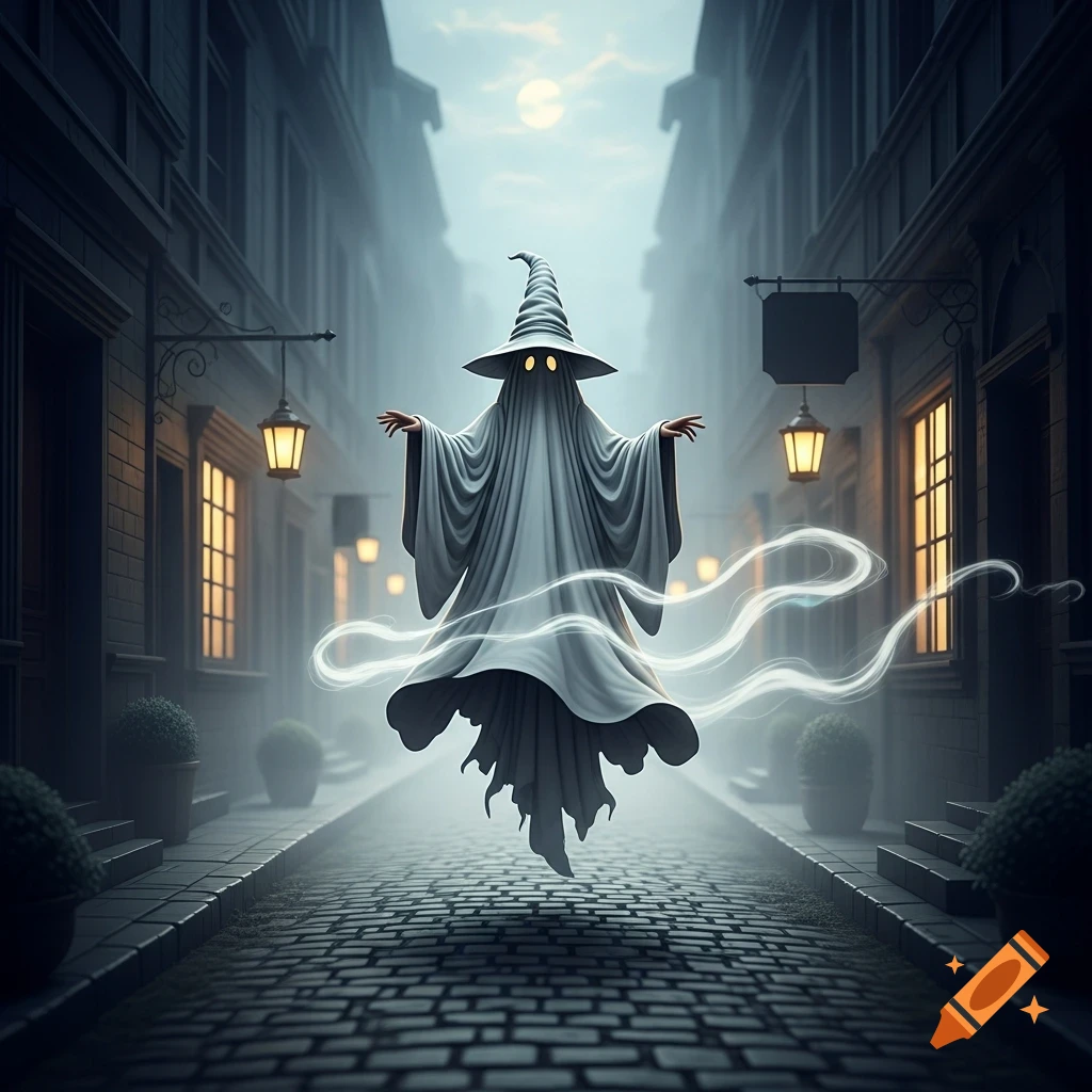 A white ghost with a pointy wizard hat floats in a foggy, dimly lit cobblestone alley, with buildings and glowing lanterns on each side, under a full moon.