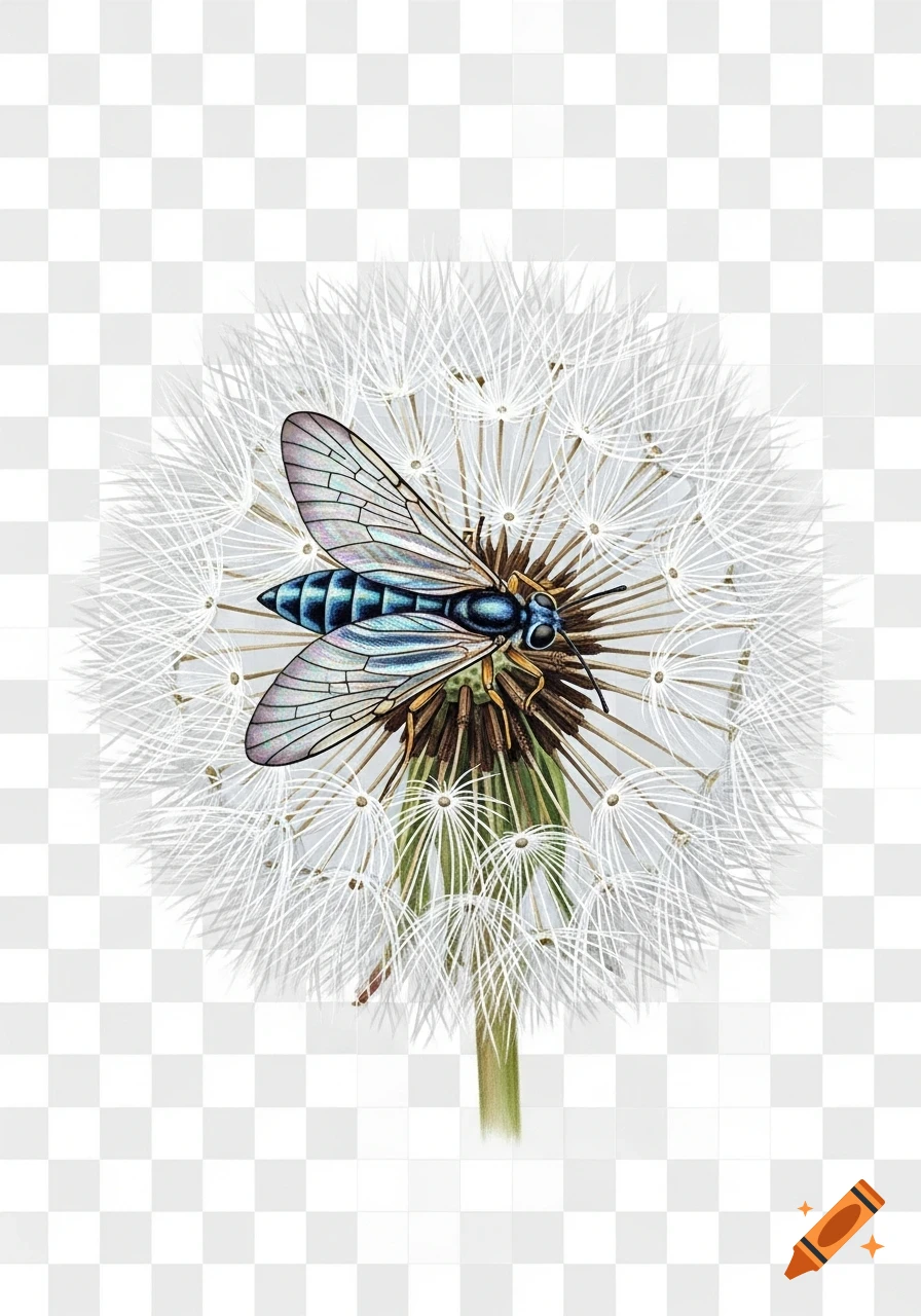 A detailed color drawing of a blue and brown sphyre insect with iridescent wings resting on a white dandelion seed head, transparent background.