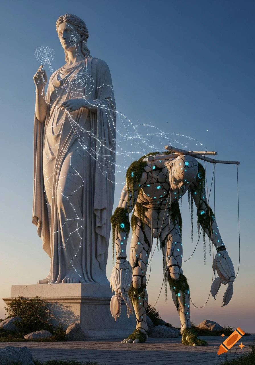 A classical marble statue with cosmic energy lines stands beside a ...