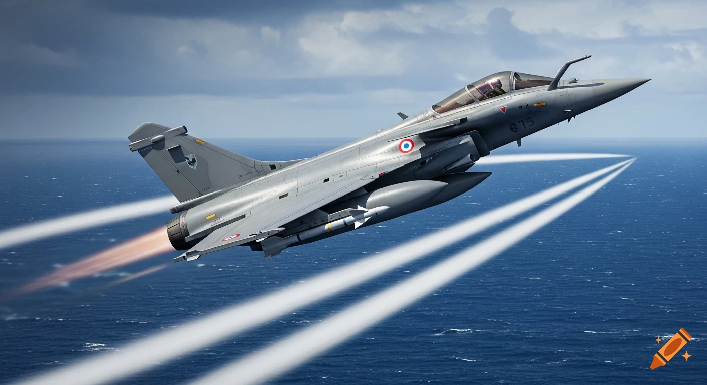 A detailed, grey French Dassault Rafale fighter jet with rockets under its wings, flying low over a deep blue ocean, leaving contrails.