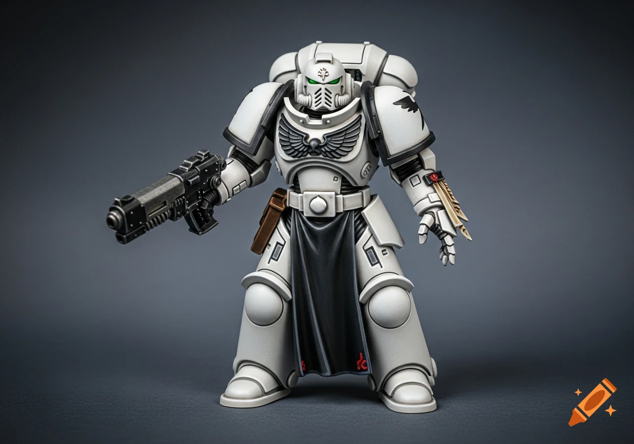 A white armored Warhammer 40k Space Marine miniature holding a rifle, against a dark grey background.