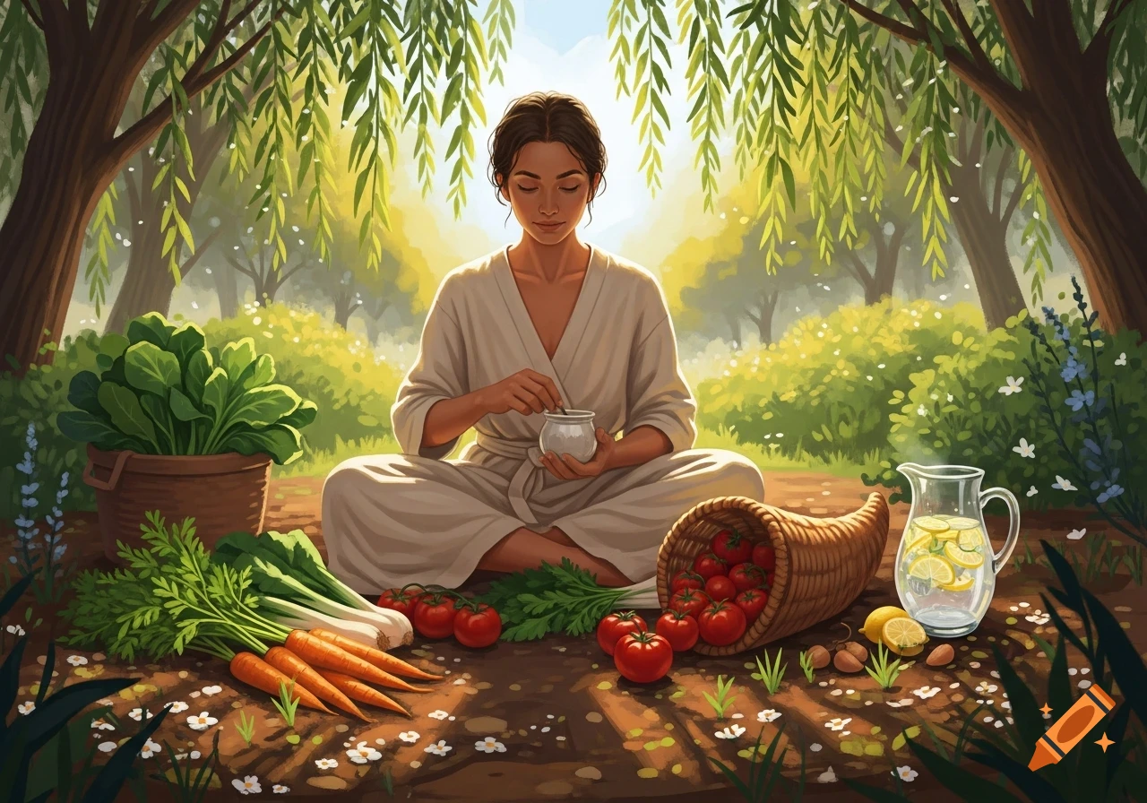 Serene woman in a robe sits amidst lush nature, surrounded by fresh produce like carrots, tomatoes, and greens, preparing food.