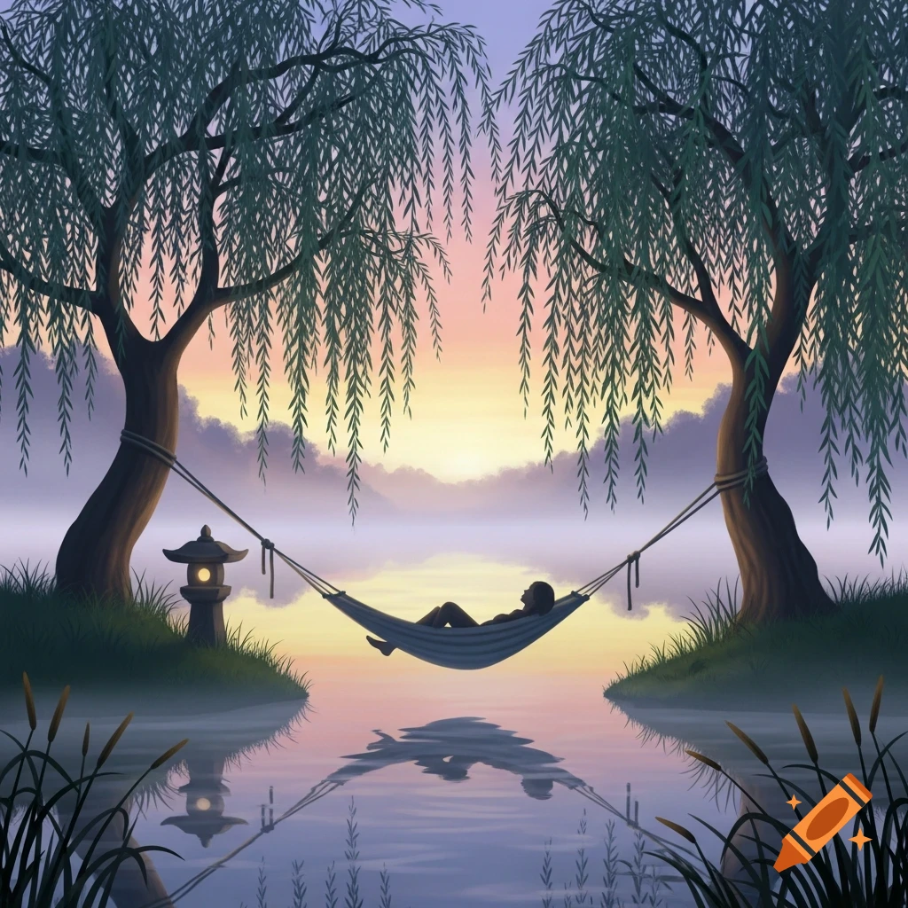 A person in silhouette relaxes in a hammock strung between two weeping willow trees over calm water at sunset, with a stone lantern nearby.