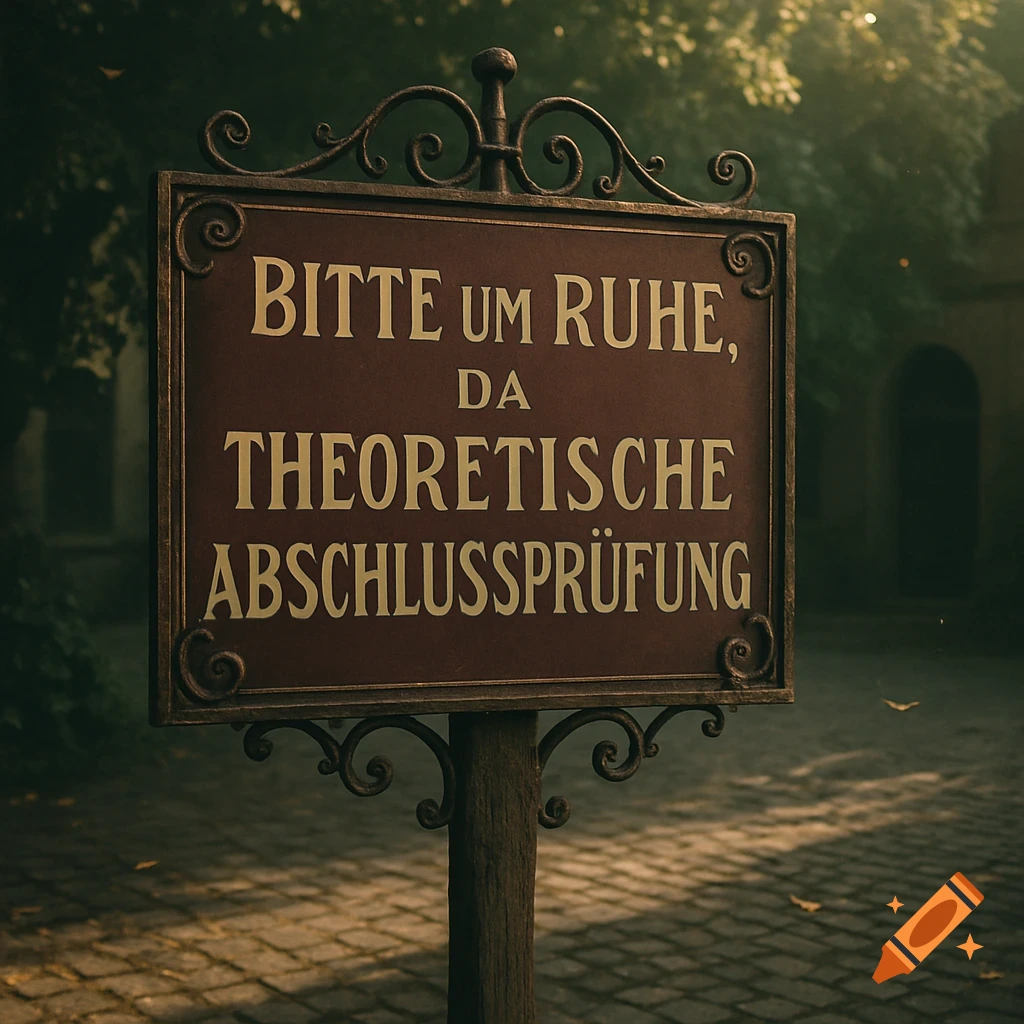 An ornate warning sign on a cobblestone path reads 'Bitte um Ruhe, da theoretische Abschlussprüfung' in a moody, sunlit setting.