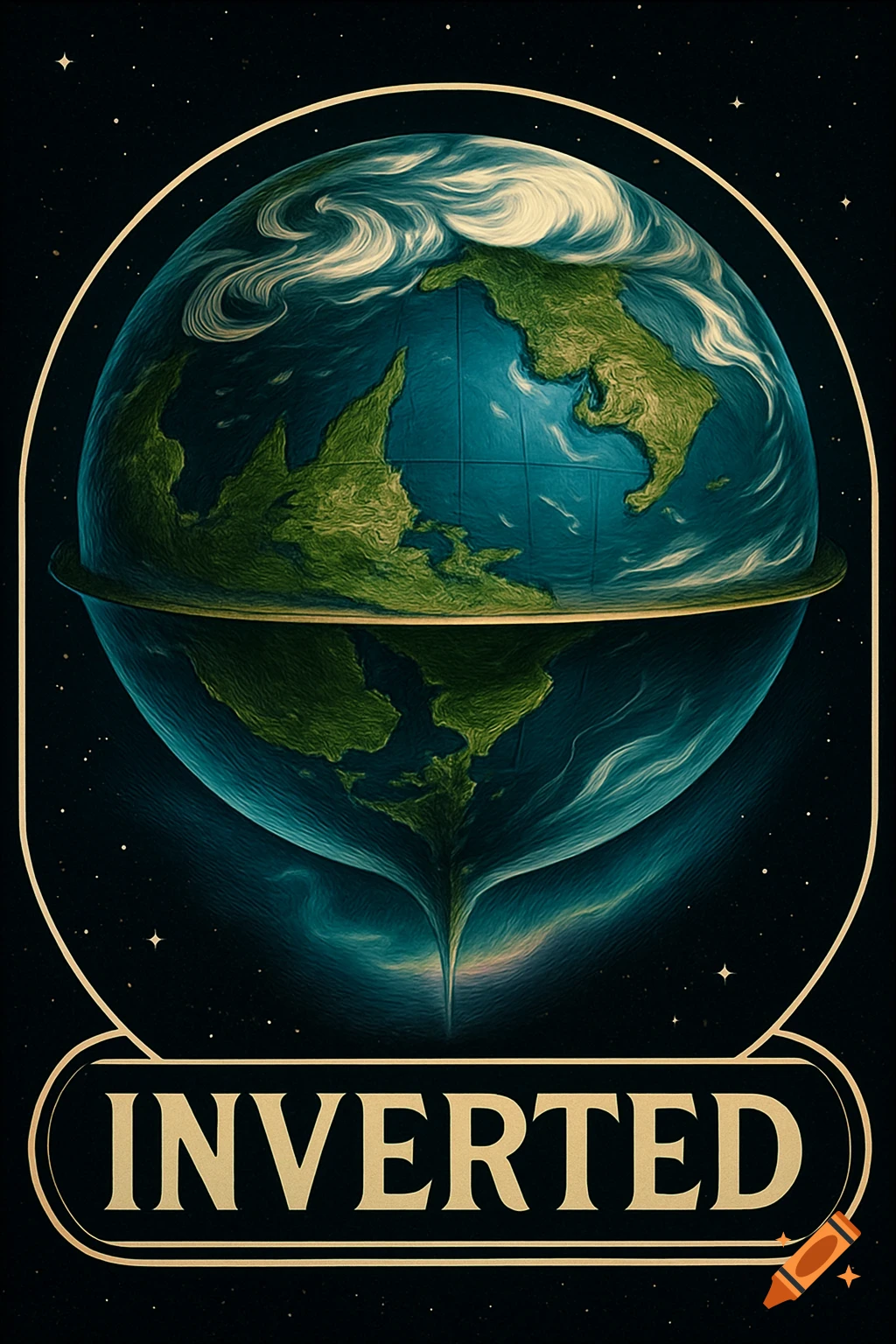 Stylized illustration of Earth, inverted below a central line, framed by a golden arch, with 'INVERTED' text at the bottom.