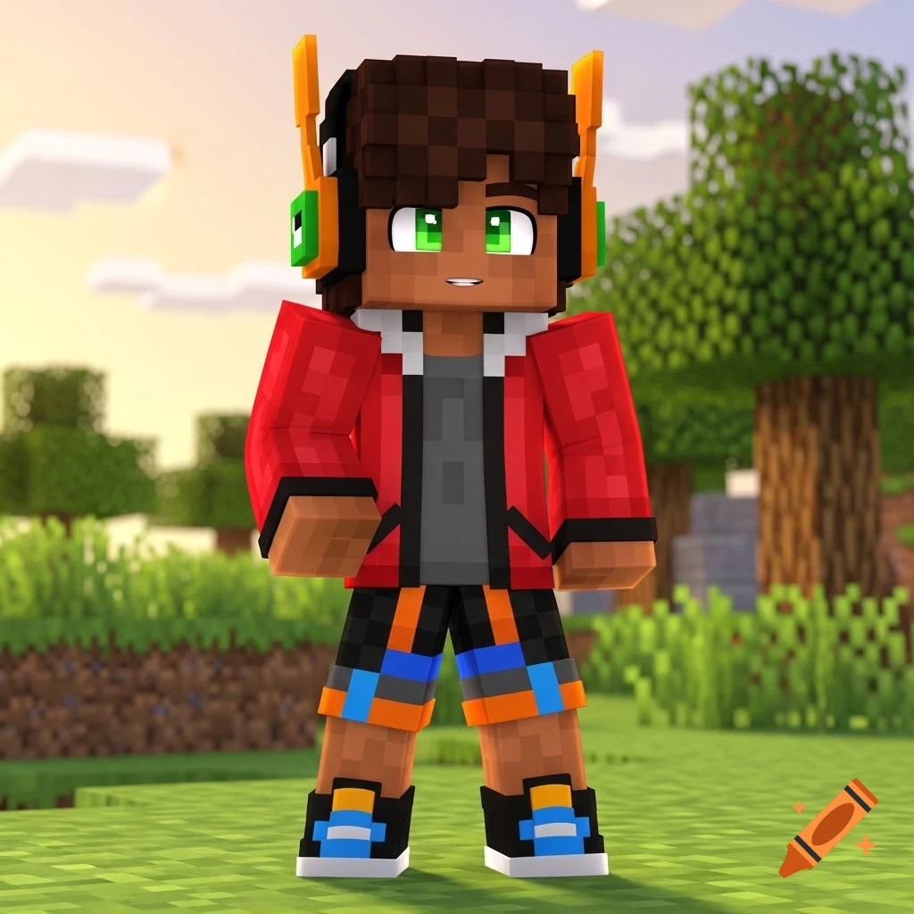 A brown-skinned Minecraft character with dark brown curls, a red jacket, multi-colored shorts, and orange headphones, in a blocky grassy world.
