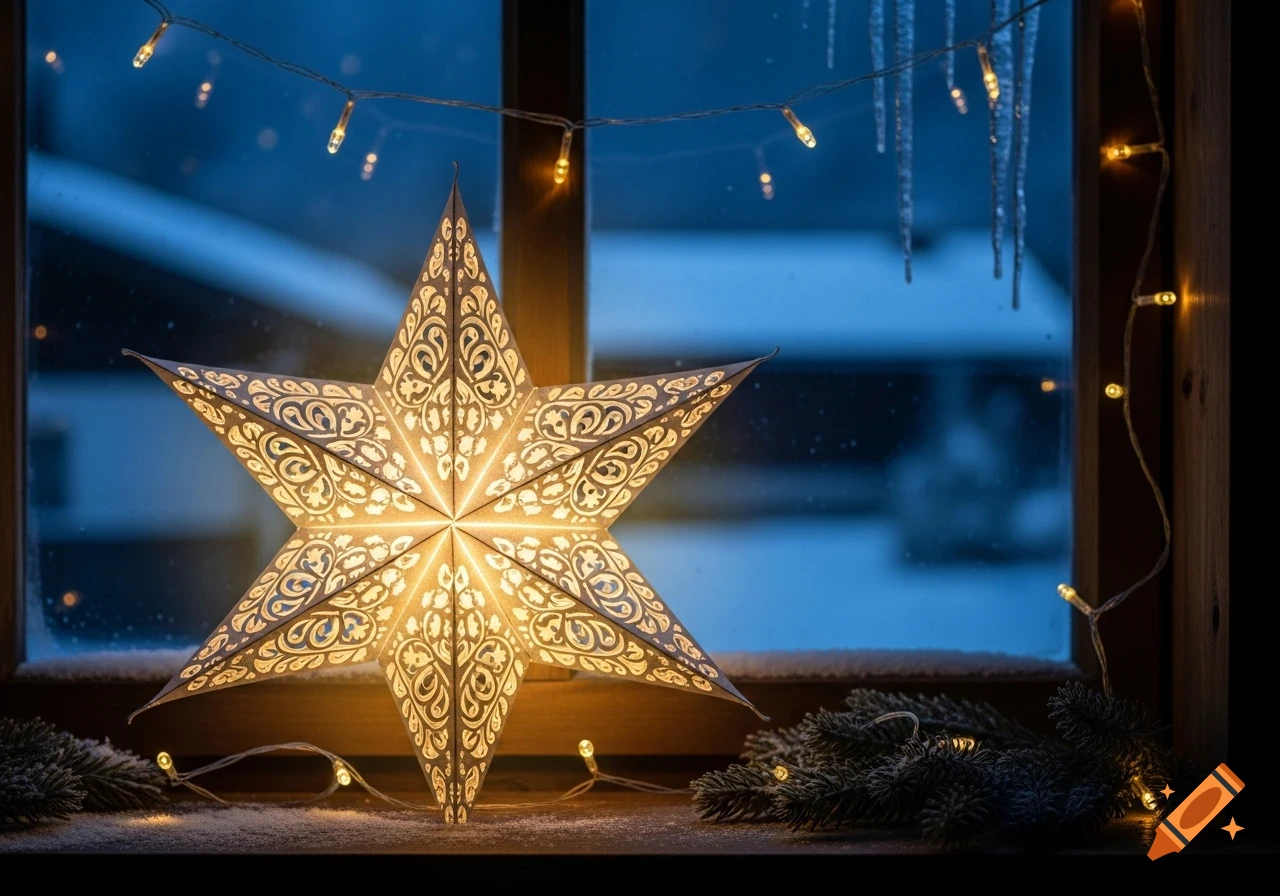 A decorative lighted paper star in a snowy window, surrounded by string lights and icicles, against a blue twilight background.
