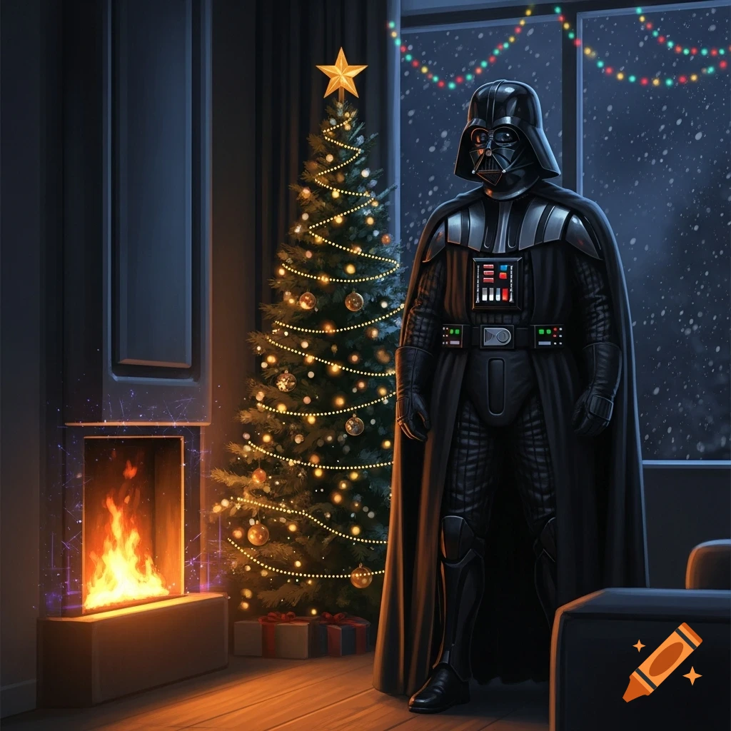 Darth Vader stands in a festive room with a lit Christmas tree, a burning fireplace, and snow falling outside a window.