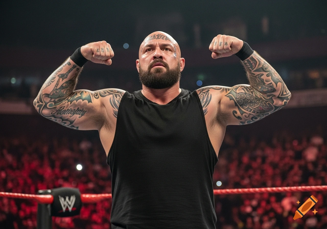 A bald, bearded, heavily tattooed male wrestler in a black tank top flexes his biceps in a wrestling ring, with a blurry crowd in the background.