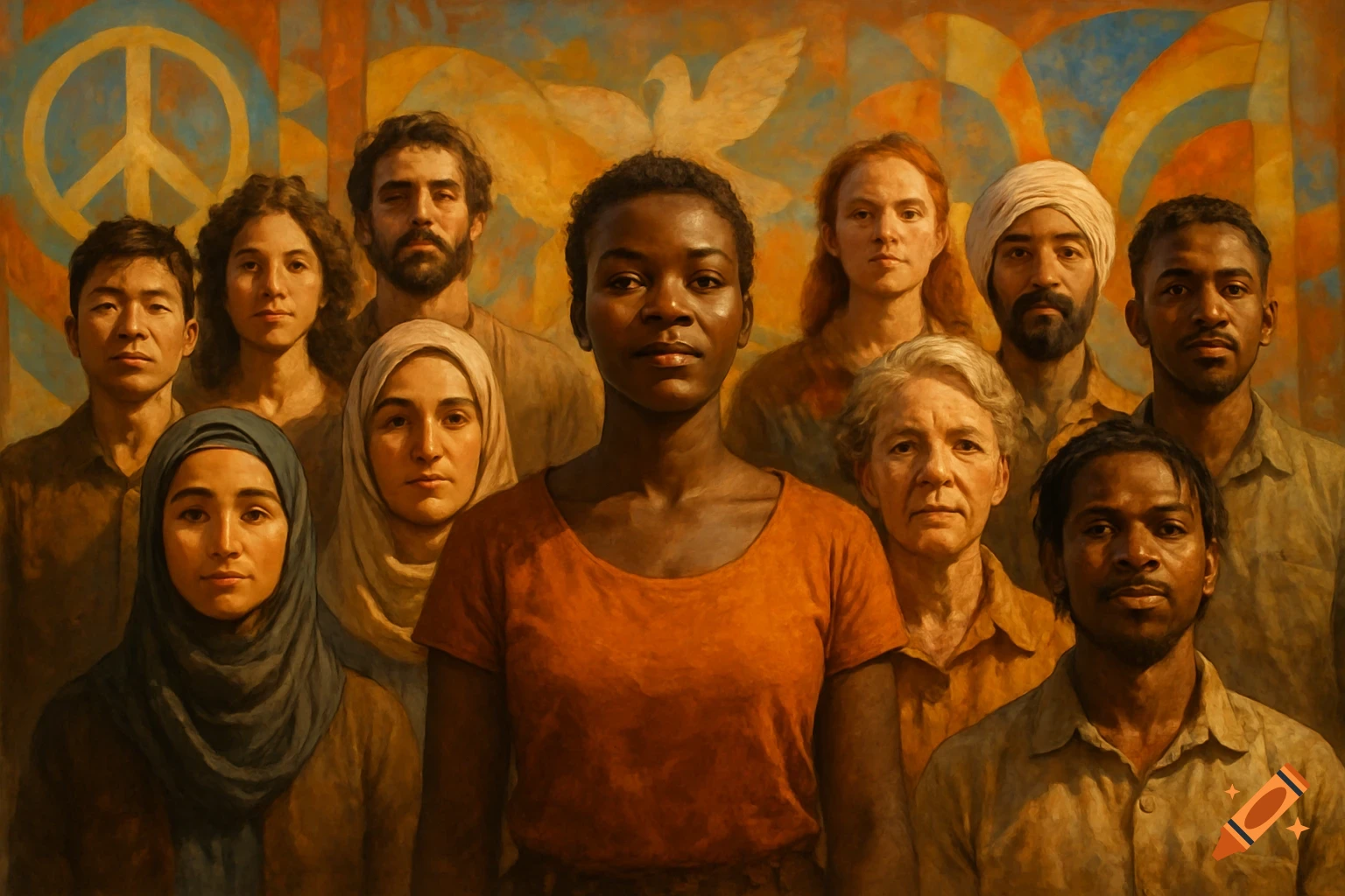 A diverse group of people from various backgrounds stands in front of a painted background with a peace symbol and a dove.