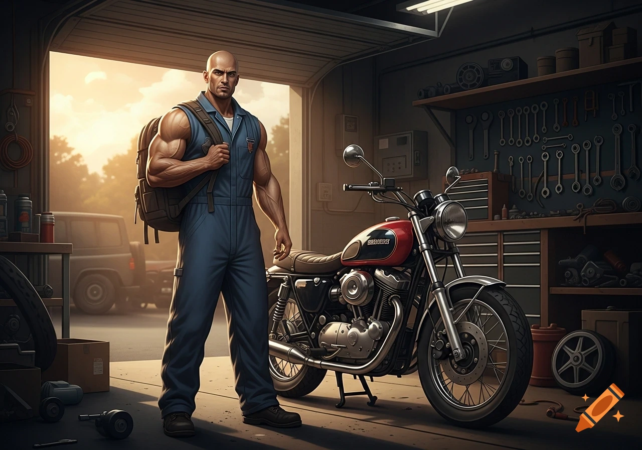 A muscular bald man in blue coveralls with a backpack stands next to a red motorcycle in a sunlit garage.