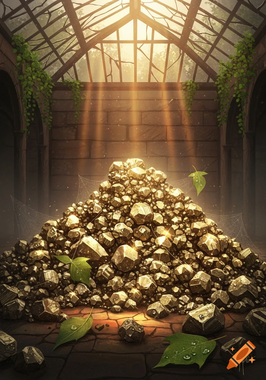 A large sparkling pile of golden nuggets, possibly "fool's gold," sits in an overgrown, sunlit ruin with a broken glass roof.