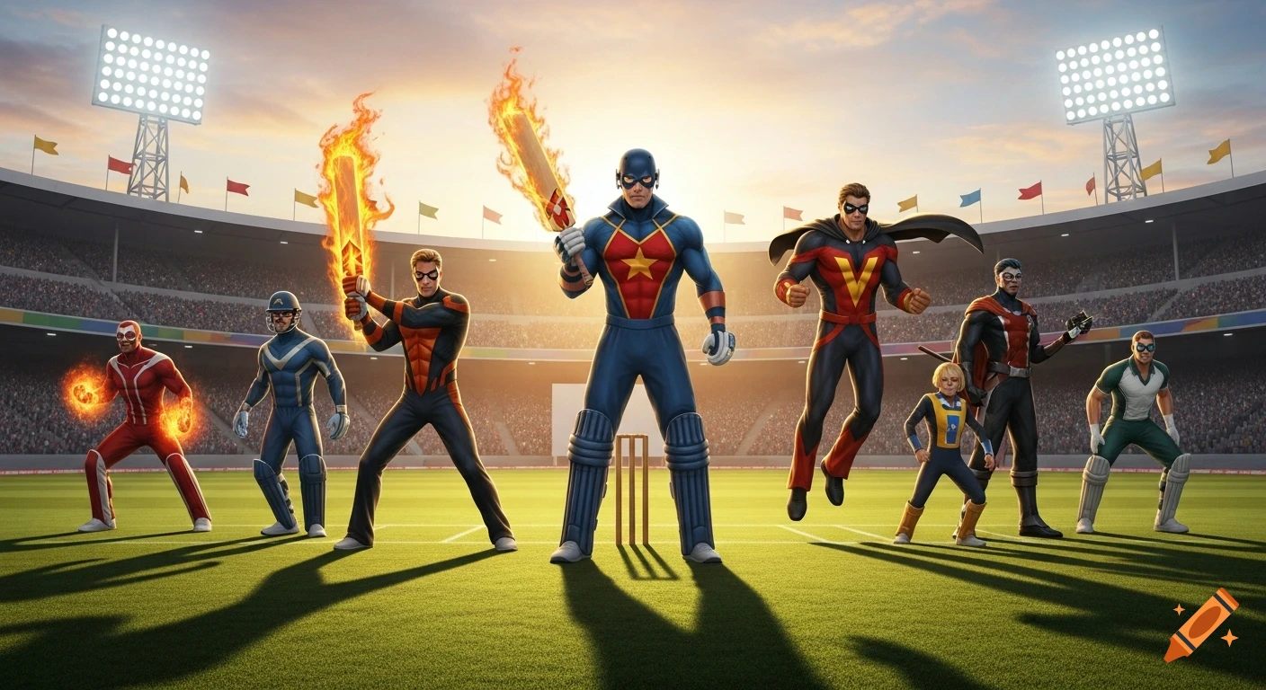 A group of diverse superheroes in colorful costumes posing on a cricket pitch inside a large stadium at sunset.
